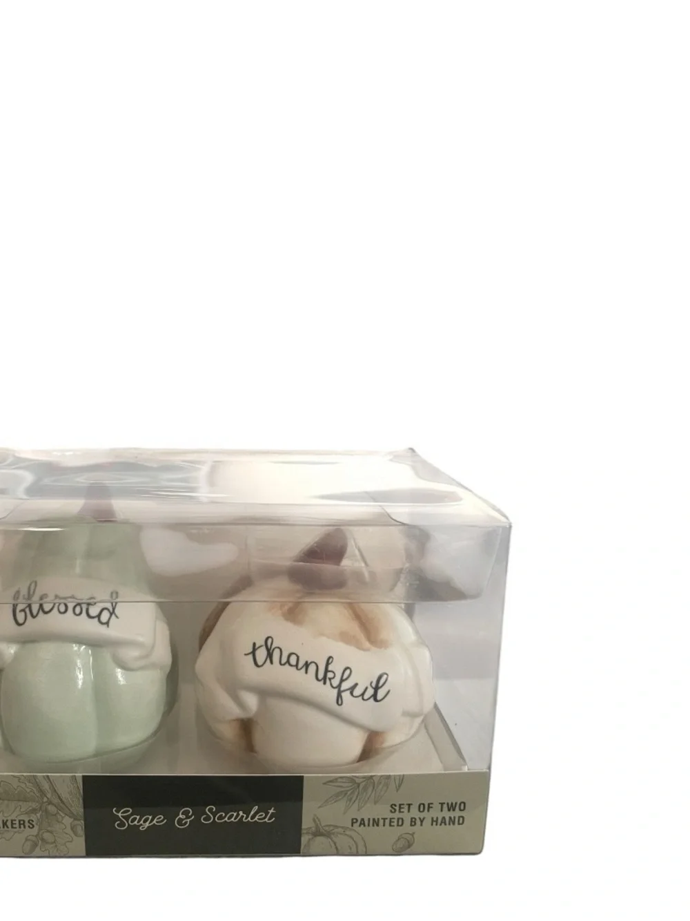 'Blessed' and 'Thankful' Ceramic Salt & Pepper Shaker Set - Pastel Green & Cream